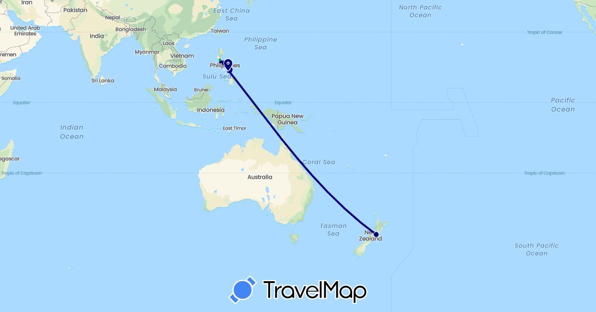 TravelMap itinerary: driving, bus in New Zealand, Philippines (Asia, Oceania)